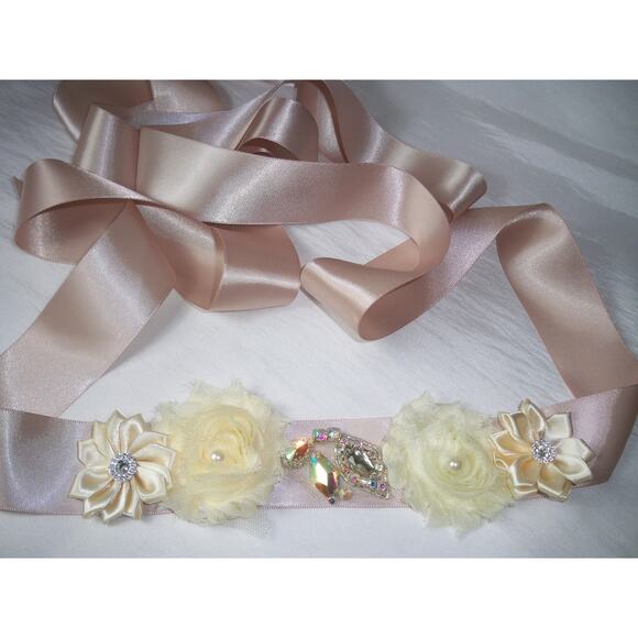 Blush AB Rhinestone Flower Appliqued Floral Bridal MOB Prom Party Formal Belt - Picture 5 of 5